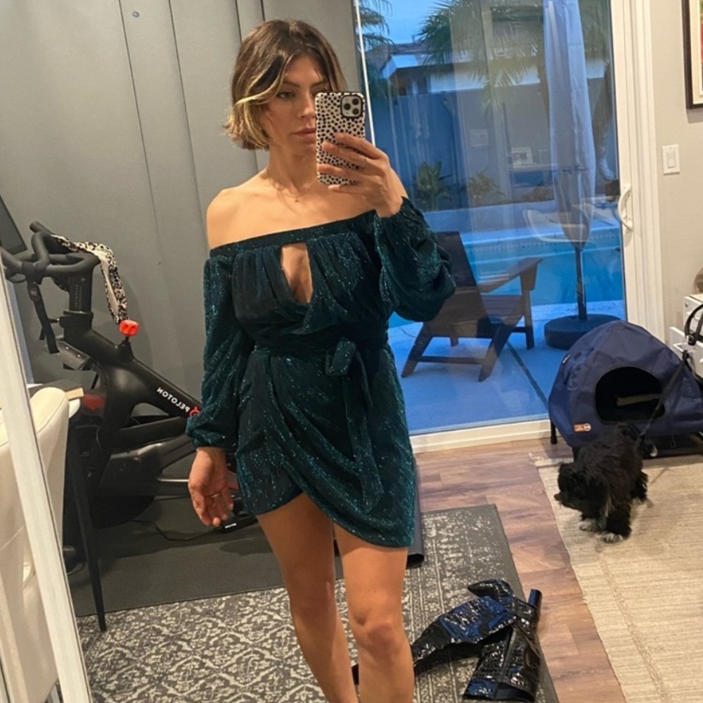 Michael Costello x Revolve Hemma Metallic Blue Off-the-Shoulder Mini Dress NWT
